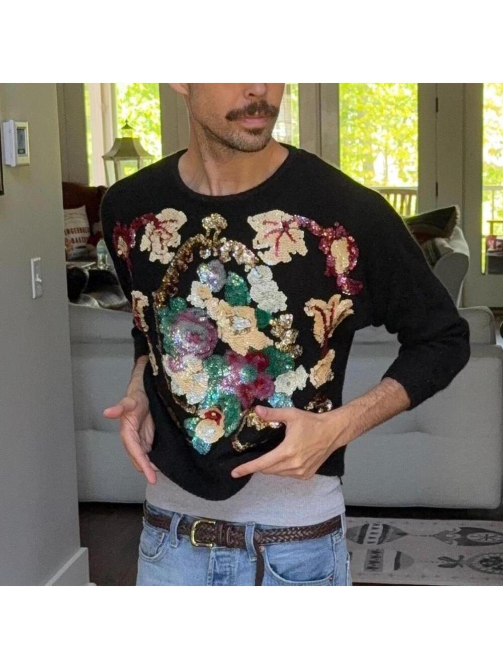 ✨ Vintage Sequin Floral Sweater S Angora Silk Black Statement